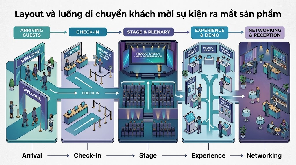Layout và luồng di chuyển khách mời sự kiện ra mắt sản phẩm